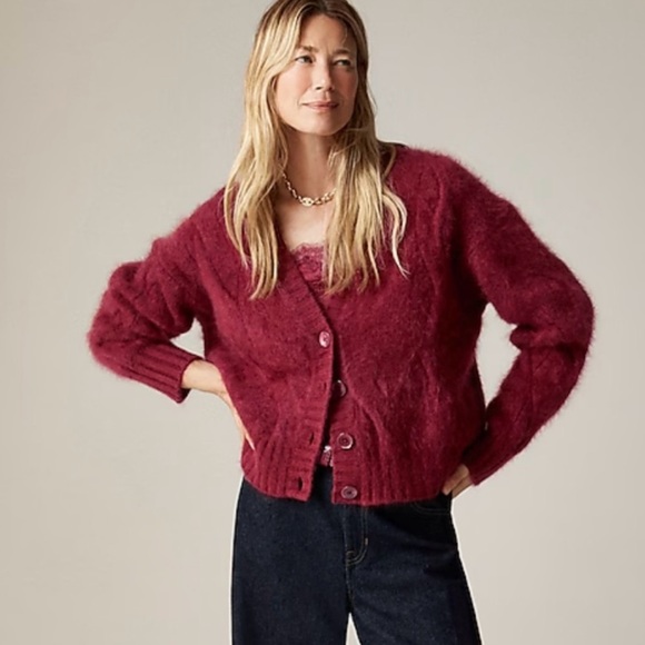 J. Crew Spring Street Brushed Cashmere Cable-knit Cardigan Burgundy Red - Picture 1 of 6